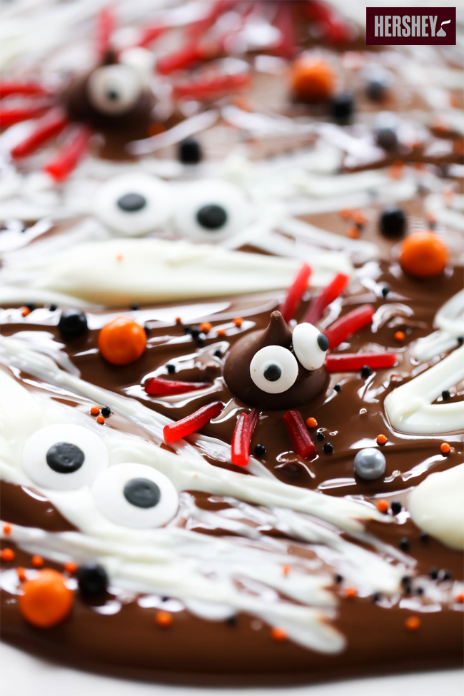 This HERSHEY'S Halloween Spider Bark is a must make this Halloween Holiday. This is a recipe the whole family will enjoy creating and eating together. It is perfect for parties and gifts and is as cute as it is delicious! sponsored by HERSHEY'S