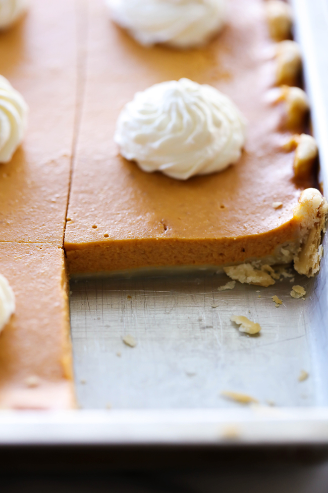 This PUMPKIN SHEET PIE is so easy and feeds a crowd! It is thinner than traditional Pumpkin Pie but has that a same great flavor! This is a fall "must-try"!