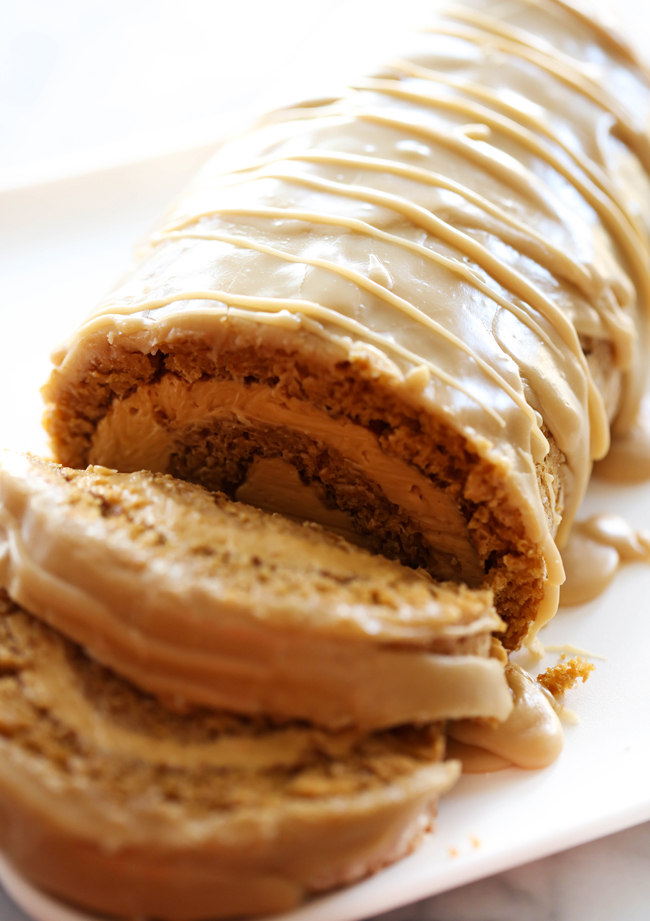 This Caramel Pumpkin Cake Roll is such a moist and delicious cake with a rich caramel cream cheese filling. It is topped with an incredible caramel frosting that is the perfect finishing touch.
