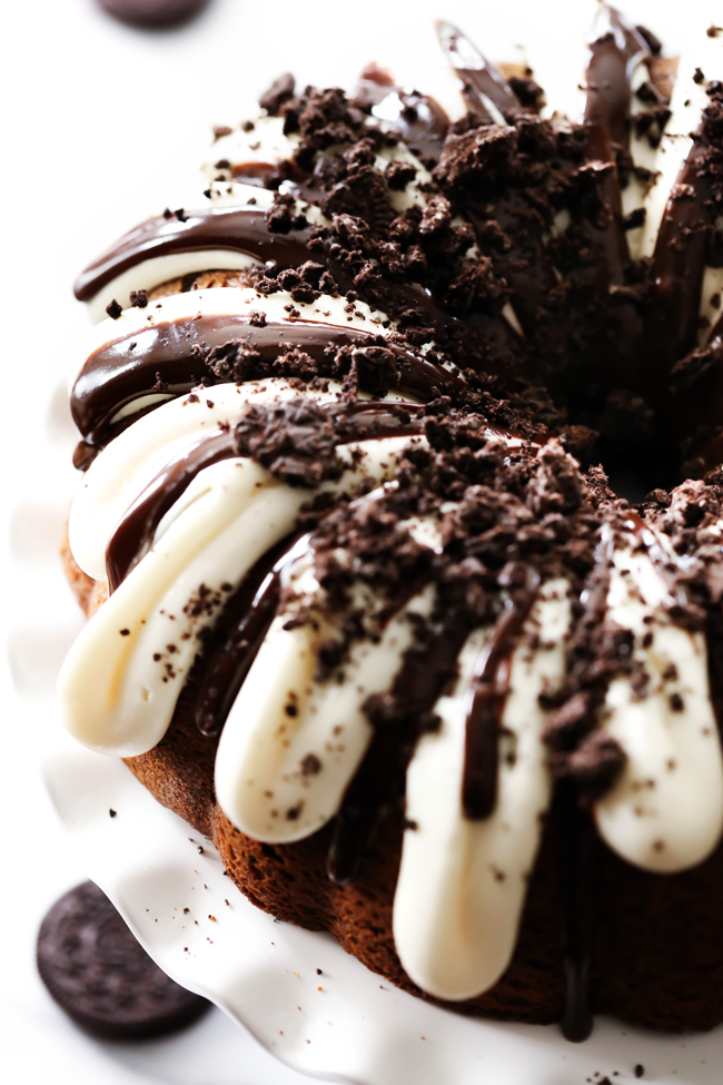 This Cookies and Cream Bundt Cake is divine. It is loaded with Oreo cookies. It is super moist and is topped with cream cheese frosting that compliments the chocolate cake perfectly!