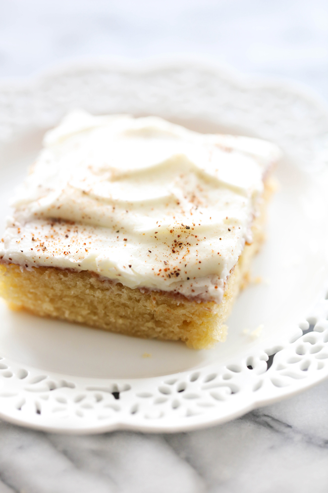 This Eggnog Sheet Cake is perfect for the holiday season! Even if you don't care for eggnog, you will LOVE this cake! It is so moist and the flavor is a fabulous addition. This cake is melt-in-your-mouth DELICIOUS!