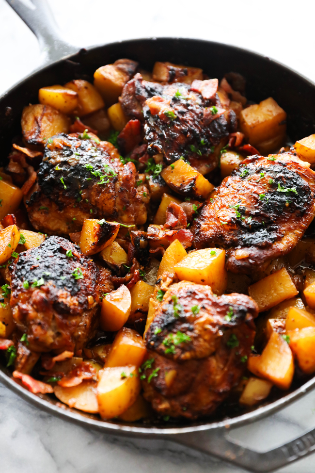 This Braised Dijon Chicken and Potatoes is a one skillet meal loaded with flavor. It is a delicious recipe compiled of caramelized onions, crispy bacon, roasted potatoes and juicy chicken. This will be one unforgettable all-in-one meal you will want to make time and time again!
