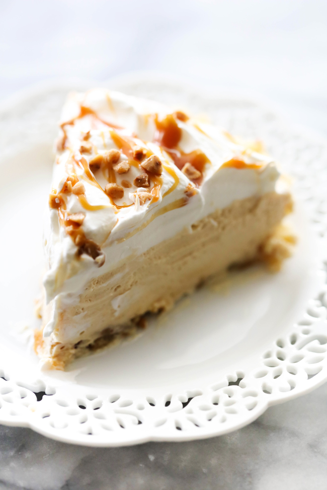 This Caramel Cream Pie is sweet and delicious! It has a toffee sugar cookie crust, a delicious creamy caramel filling. It it is topped with sweetened whipped cream, drizzled with caramel and garnished with additional toffee. If you love caramel, this is the pie for you!