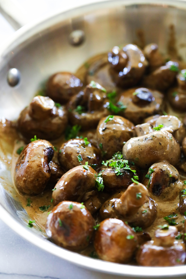 These Creamy Balsamic Mushrooms are sautéed to perfection. The sauce is both creamy and tangy and adds such an incredible flavor to the mushrooms. These make for a great side dish or perfect on top of steak.