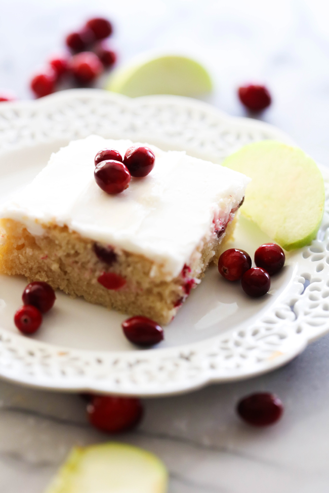This Cranberry Apple Sheet Cake has a delicious balance of sweet and tart. The cake is moist and the almond flavored frosting is creamy, smooth and the perfect complimenting flavor. This cake is a holiday must try!