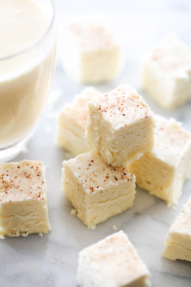 This Eggnog Fudge is creamy, smooth and has such a delicious holiday flavor. The eggnog really jazzes up such a simple fudge recipe and fills each bite with remarkable holiday spices. It is so simple to whip up and makes for a great treat for all to enjoy!