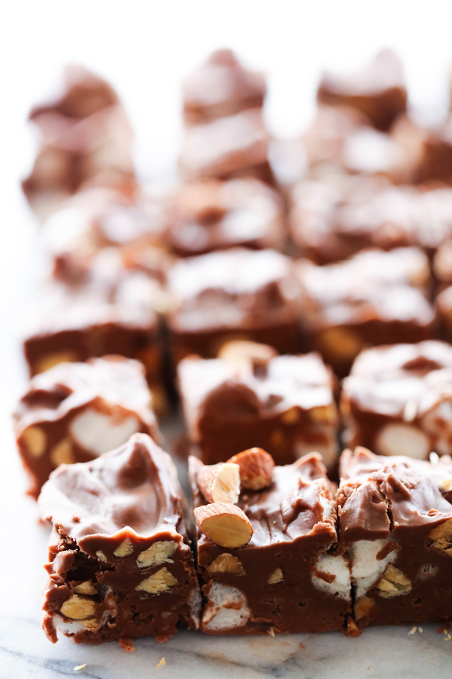This Best Ever Rocky Road Fudge lives up to its name! It is loaded with chocolate, marshmallows and toasted almonds. The toasted almonds bring such a rich nut flavor to the fudge. It is the perfect and brilliant combination of flavors and textures.