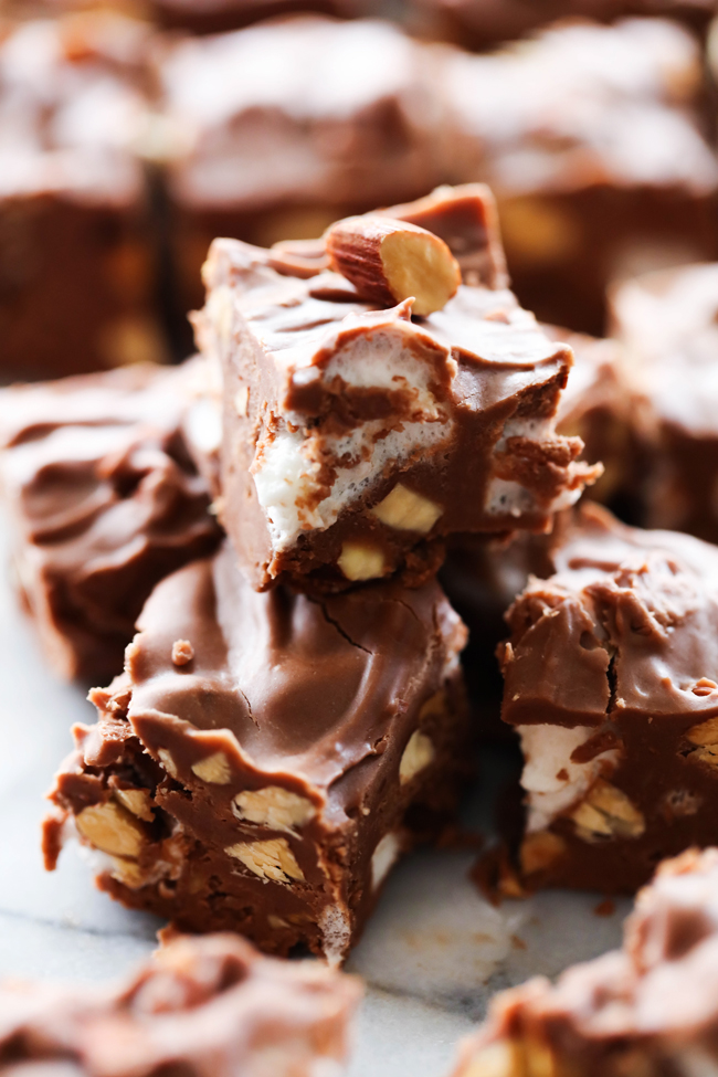 This Best Ever Rocky Road Fudge lives up to its name! It is loaded with chocolate, marshmallows and toasted almonds. The toasted almonds bring such a rich nut flavor to the fudge. It is the perfect and brilliant combination of flavors and textures.