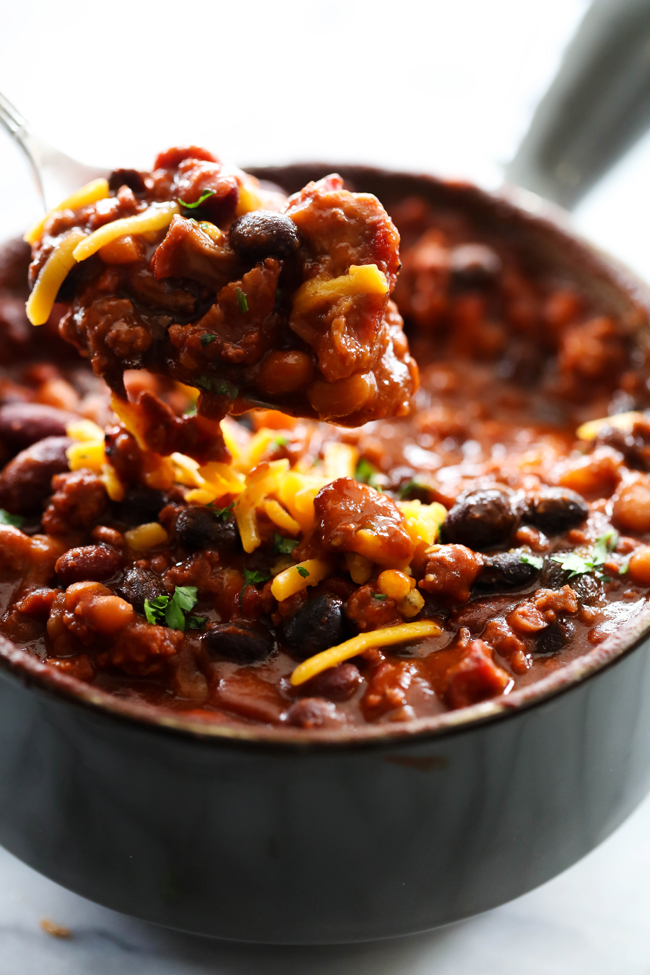 My Dad's Hearty Smokey Steak Chili is not your average bowl of chili! With steak cooked to perfection on a smoker (can be grilled if desired) it is hearty and packed with a delicious smokey flavor!