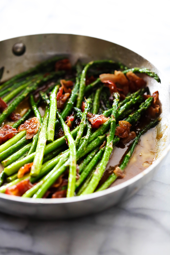 Bacon Brown Sugar Asparagus in a stainless steel skillet.