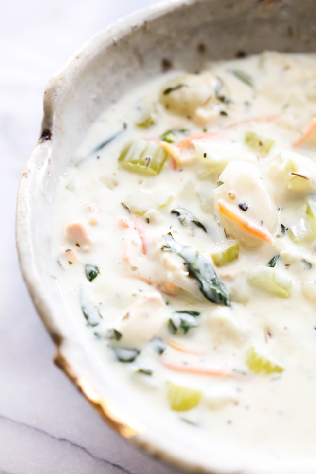Chicken and Gnocchi Soup in a speckled-gray bowl.