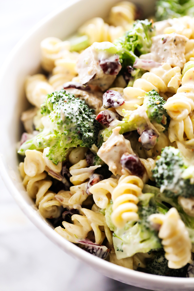 Overhead view of Broccoli Pasta Salad in a white bowl.